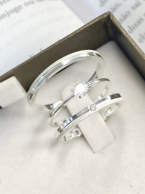 Par de aliança 2mm, lisas/diamantadas + anel solitário