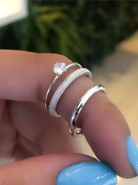 Par de alianças lisas/diamantadas 3mm + anel solitário